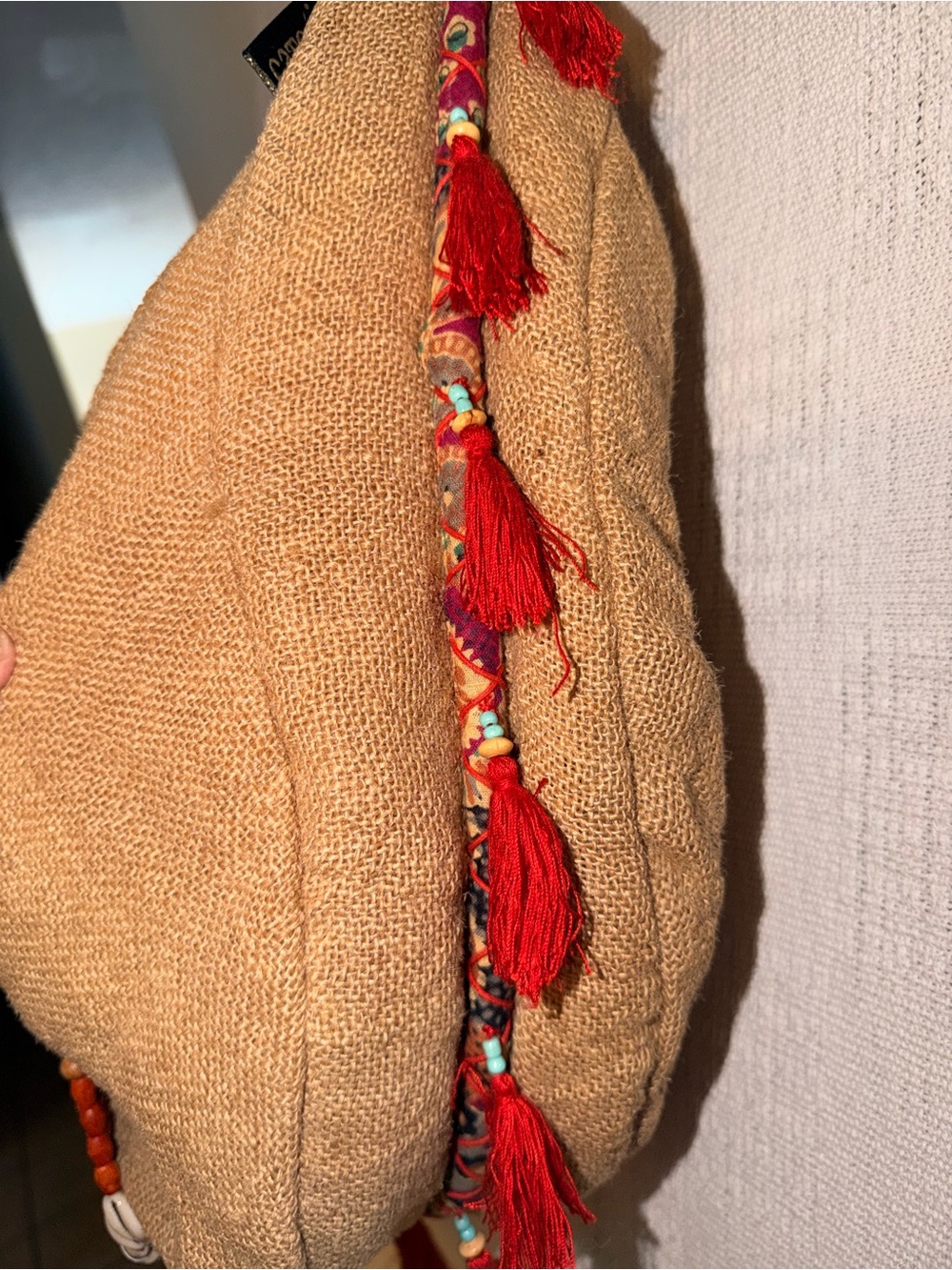 CATORI Boho Fringe Hobo Tan Burlap Beaded Festival purse. - Picture 4 of 7